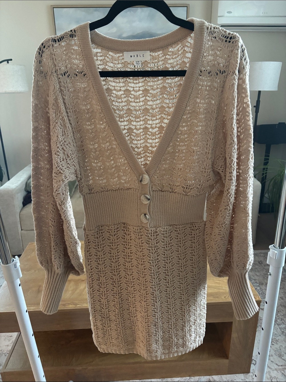 MABLE Beige Open-Knit V-Neck Mini Dress